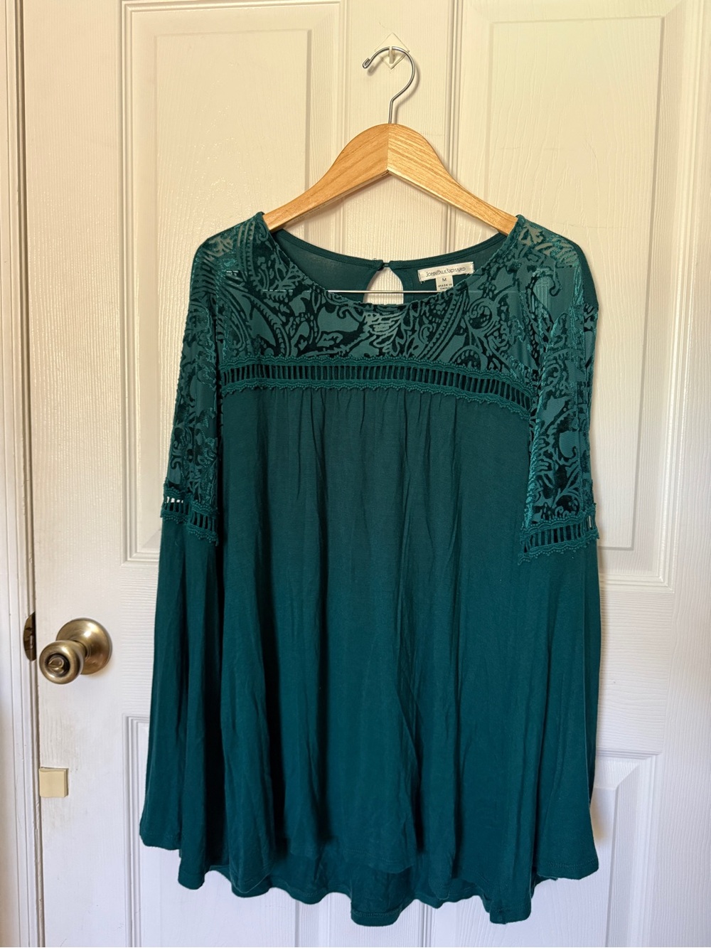 John Paul Richard Women's Teal Velvet Paisley Bell Sleeve Top / Size M